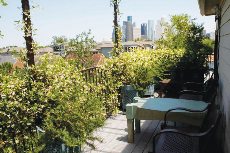 In the green:  one of the home’s  patios overlooks the Houston skyline at the 2011 Home Tour and Art Walk.