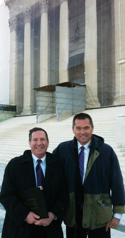 Baby, it’s cold outside: Nechman (r) and his law partner, Mitchell Katine, in Washington, DC, to hear oral arguments in the two marriage cases in March. They waited in the freezing cold temperatures from 2 a.m. to assure being in the Supreme Court on the two days of argument.