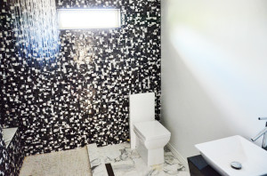 The completely open tiled guest bath with the largest rain shower head available.