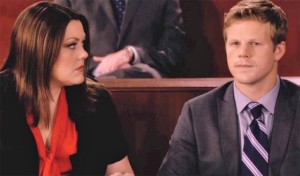 Attorney Jane Bingum (Brooke Elliott, left) is concerned that her client, a professional baseball player (played by Derek Smith, right) is lying to her in this Sunday's episode of "Drop Dead Diva."
