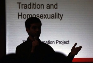 Matthew Vines gives a speech on the Bible and homosexuality at a conference.  Photo: Orlin Wagner/AP