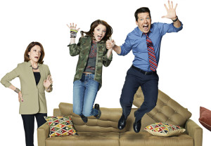 Yay!: Sean (Sean Hayes) and daughter Ellie (Samantha Isler) rejoice while mom (Linda Lavin) looks concerned in the new NBC sitcom Sean Saves the World. 