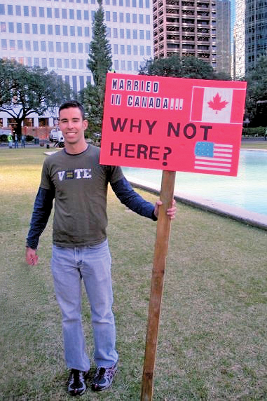 Married in Canada . . . Why not Here?: Ryan Levy at a Prop 8 rally in Houston in 2008.